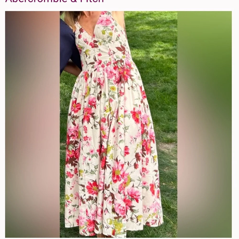 Abercrombie & Fitch Cream and Pink farm milkmaid cottagecore Pleated Maxi Dress